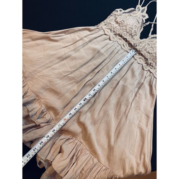~ Boho Sundress Le Miel Crochet Med Beachy Tan Mini Slip Dress Layered Bralette - Picture 8 of 16